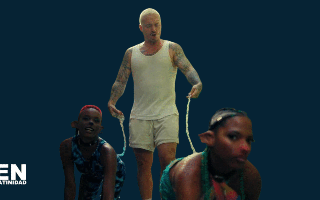 Scene from J Balvin and Tokischa’s controversial “Perra” music video showing two Black Latina women walking on leashes, a moment widely criticized for its racist imagery and insensitivity to Latin America’s legacy of slavery and racism.