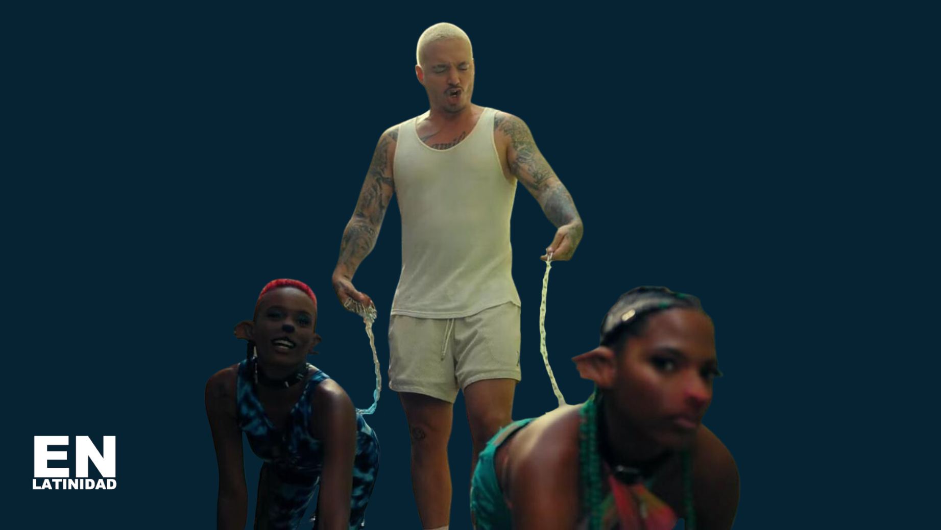 Scene from J Balvin and Tokischa’s controversial “Perra” music video showing two Black Latina women walking on leashes, a moment widely criticized for its racist imagery and insensitivity to Latin America’s legacy of slavery and racism.