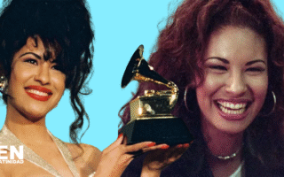 Selena Quintanilla performing on stage in a signature sparkly purple jumpsuit, smiling as she captivates the crowd with her iconic style and energy.