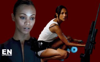 Zoë Saldaña as Cataleya in Colombiana, holding a gun in a tense action scene, showcasing strength and determination.